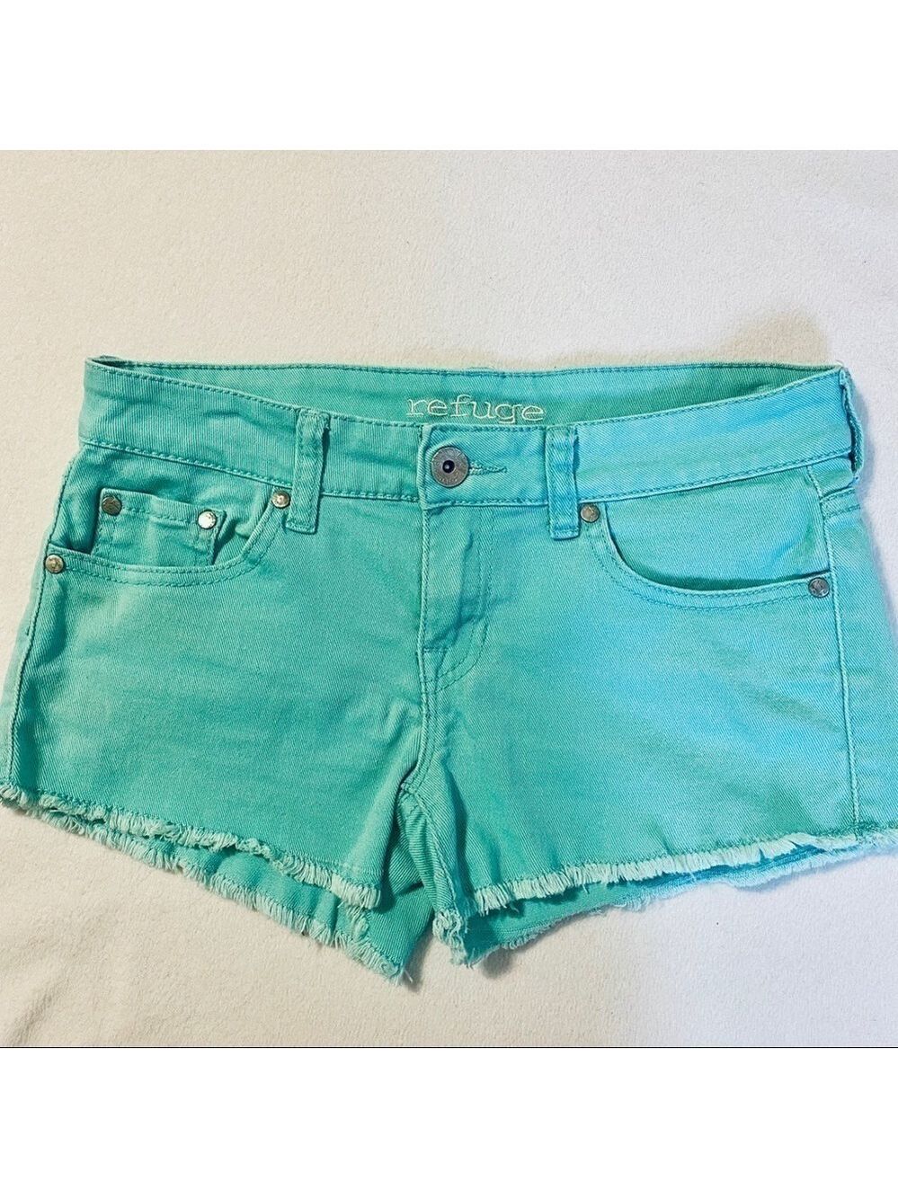 Teal Low Rise Cut Off Denim Shorts Size 2 - Picture 4 of 13